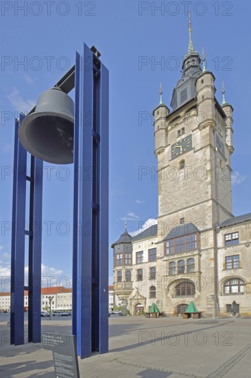 Town hall built in 1901 and peace bell created in 2000 as a monument and symbol of political change, revolution, 1989, GDR, German, tower, Dessau, Dessau-Roßlau, Saxony-Anhalt, Germany
