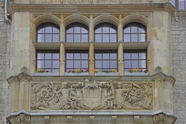 Portal with city coat of arms, town hall built in 1901, decorations, windows, Dessau, Dessau-Roßlau, Saxony-Anhalt, Germany