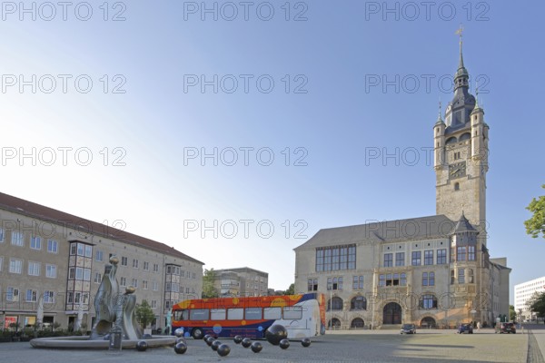 Town hall built in 1901 and fountain, craftsmen's fountain by Frank Schönemann 2007, balls, town hall square, omnibus, tower, Dessau, Dessau-Roßlau, Saxony-Anhalt, Germany