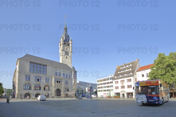 Town hall built in 1901 and omnibus, town hall square, tower, Dessau, Dessau-Roßlau, Saxony-Anhalt, Germany