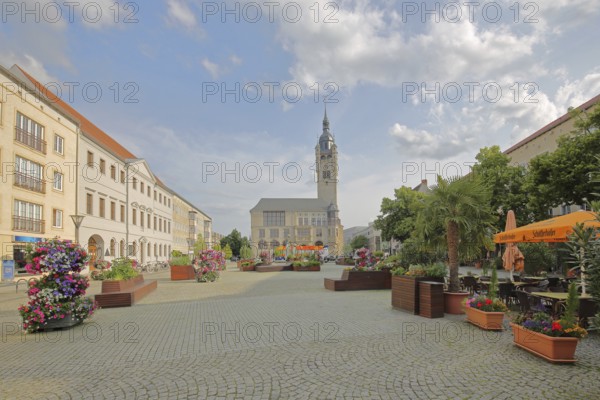Town hall built in 1901 and floral decoration, town hall square, tower, Dessau, Dessau-Roßlau, Saxony-Anhalt, Germany