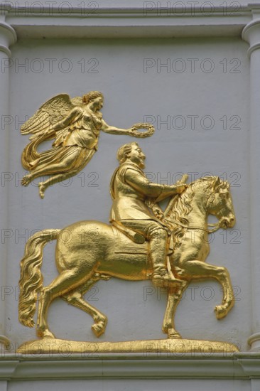 Relief with golden horseman of the Swedish King Gustav II Adolf, equestrian figure, angel, Sweden, Gustavusburg, Swedish House, Waldersee, Dessau, Dessau-Roßlau, Saxony-Anhalt, Germany