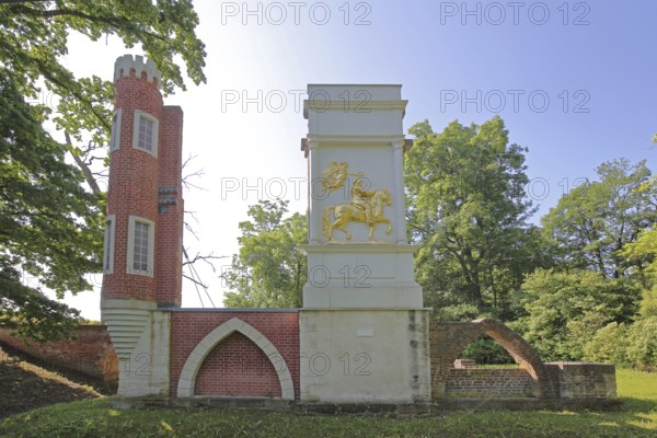 Gustavusburg, Swedish house and monument to Swedish King Gustav II Adolf, Sweden, golden equestrian figure, relief, forest, solitary, Waldersee, Dessau, Dessau-Roßlau, Saxony-Anhalt, Germany