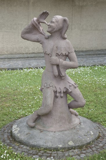 Sculpture of Till Eulenspiegel with gesture, thumb on nose, arm, high, up, hand, Bernburg, Saxony-Anhalt, Germany
