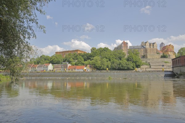 View of Carolinum Castle and Gymnasium with river Saale, Saale Valley, Renaissance, Landmark, Bernburg, Saxony-Anhalt, Germany