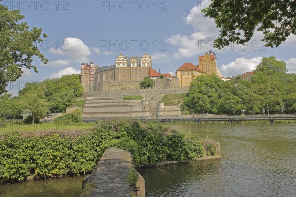 View of castle with river Saale, Renaissance, landmark, Saale valley, Bernburg, Saxony-Anhalt, Germany