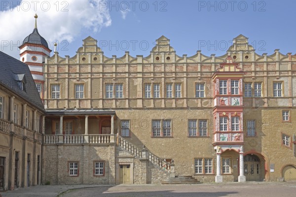 Wolfgangbau of the Renaissance castle, inner courtyard, ornaments, oriel, tail gable, Bernburg, Saxony-Anhalt, Germany