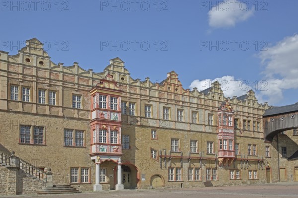 Wolfgangbau and Joachim Ernst building in the inner courtyard of the Renaissance castle, ornaments, oriels, tail gable, Bernburg, Saxony-Anhalt, Germany