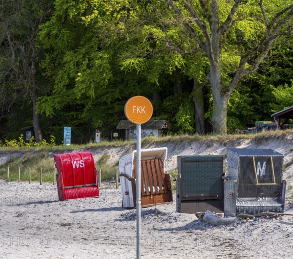 Beach chairs on the naturist beach of Binz, Rügen, Mecklenburg-Vorpommern, Germany