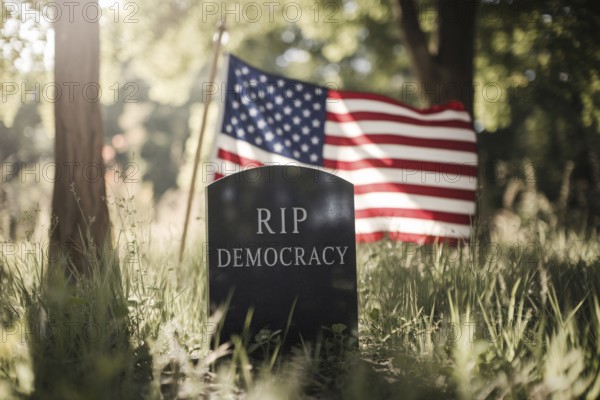 Tombstone with text RIP Democracy and USA flag in background.. Generative AI, AI generated