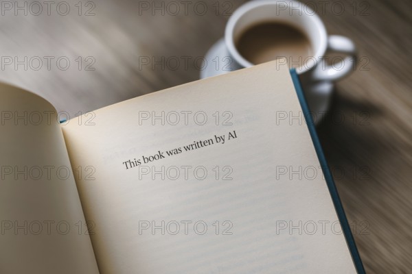 Close up of page of a novel book with text saying 'This book was written by AI'. Generative Ai, AI generated