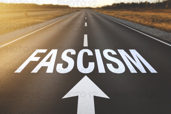 Street with white word 'Fascism' and arrow written on it with storm in sky. Concpet for countries turning more and more towards fascism. Generative AI, AI generated