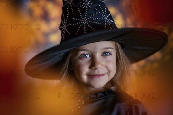 Female child in witch costume with autumn leaves. Generative AI, AI generated