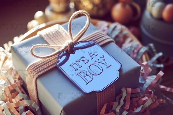 Baby blu egift box with tag with text it's a boy, a commentary on gender roles and stereotypes. Generative Ai, AI generated