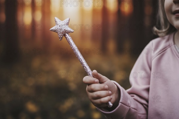 Close-up of pink glittering fairy wand with star tip held by young girl's hand, magical children's toy. generative ai, AI generated
