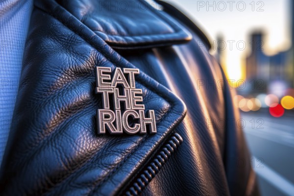 Political protest pin with eat the rich slogan attached to leather jacket symbolizing class struggle and anti-capitalist sentiment. Generative AI, AI generated