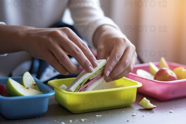 Preparing school lunchboxes: woman's hands packing fruits and sandwiches for children. Generative ai, AI generated