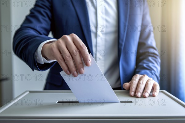 Person casting vote by placing folded ballot paper into voting box during election. Generative AI, AI generated