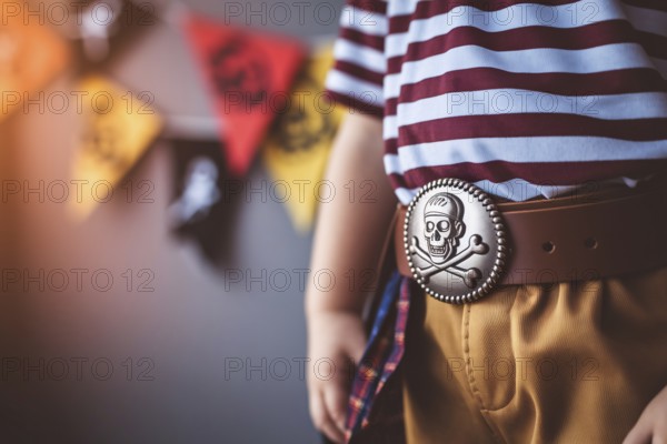 Close up of boy wearing pirate costume with detailed buckle for Halloween celebration. Generative AI, AI generated