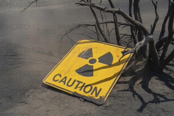 Faded radiation warning sign in scorched earth. Symbol of catastrophe and nuclear ruin. Generative ai, AI generated