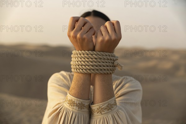 Bound hands in the desert. A cinematic portrait of restraint and resilience beneath a hazy sky. Generative ai, AI generated