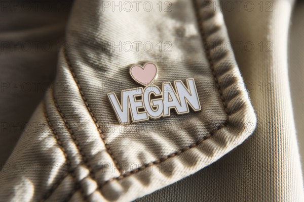 Close-up of pin with text vegan and herat on soft cotton jacket. A symbol of compassionate lifestyle and ethical choice. Generative ai, AI generated