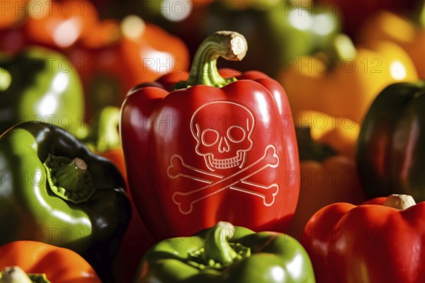 Skull Warning symbol carved into bell pepper reveals the hidden danger of pesticide exposure or other dangerous components. Generative ai, AI generated