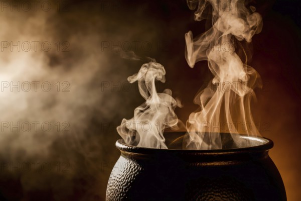 Witch cauldron with white smoke rising in dim light on dark background. Generative Ai, AI generated