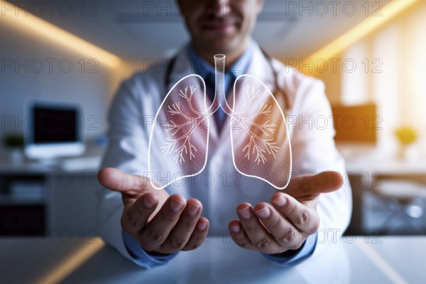 Doctor holding glowing virtual human lungs hologram in modern medical office. Generative ai, AI generated