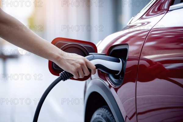Person plugging electric car charger into red e-car. Eco-friendly transportation concept. Generative AI, AI generated