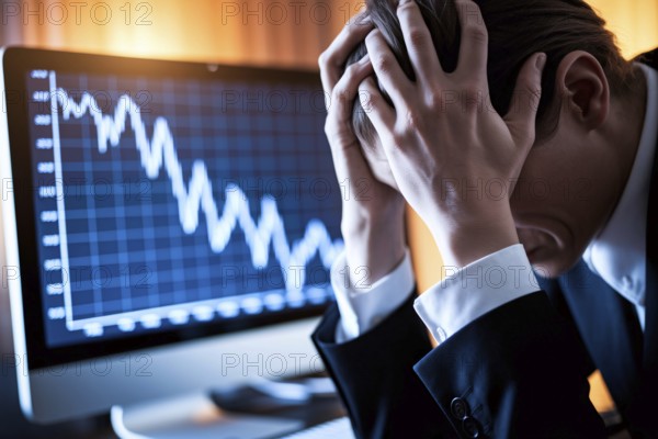 Stressed investor reacting to stock market crash. Concept of financial loss, economic downturn, and emotional impact of market volatility. Generative ai, AI generated