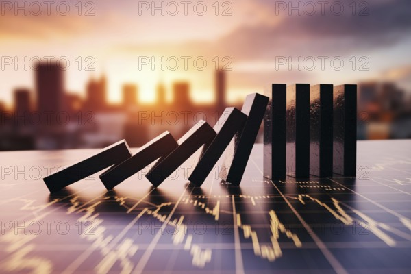 Black bricks falling like dominoes on financial chart. Concept of market collapse, chain reaction, and economic instability. Generative AI, AI generated