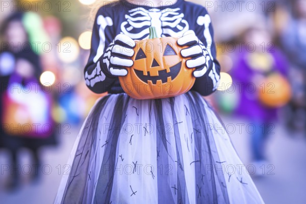 Girl child in skeleton costume with tulle skirt holding pumpkin candy bucket. Concept of Halloween tradition, spooky fun, and childhood celebration. Generative Ai, AI generated