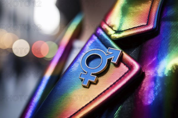 Genderfluid symbol pins on colorful jacket in warm city light. Concept of identity, inclusivity, and gender expression in modern culture. Generative ai, AI generated