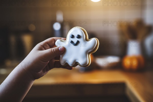 Close up of child's hand holding ghost-shaped Halloween cookie with white icing and smiling face in warm kitchen light. Generative ai, AI generated