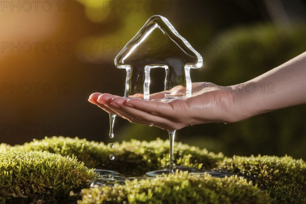 Hand holding melting ice sculpture of small house over green moss, symbolizing climate change and environmental fragility. Generative AI, AI generated