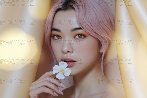 Asian woman with pink hair with flawless skin holding white blossom. Elegant beauty portrait with soft golden bokeh. Generative Ai, AI generated
