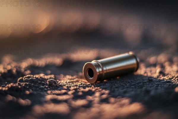 Single ammunition casing on ground. Spent bullet shell detail in outdoor setting. Generative ai, AI generated