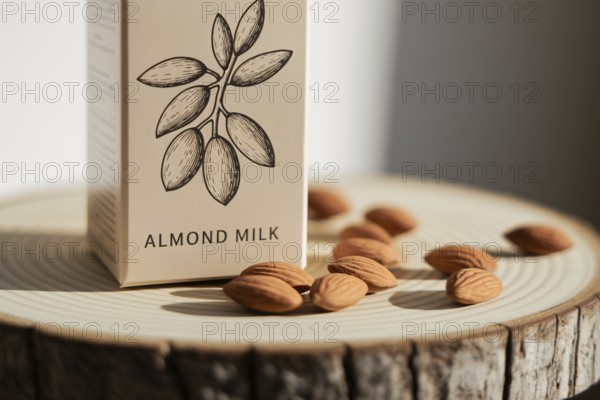 Close up of beige almond milk carton with almond branch illustration on wooden board warm natural daylight. Generative Ai, AI generated
