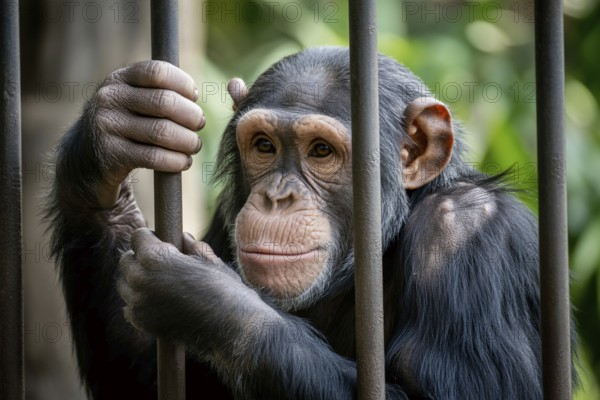 A sad chimpanzee sits behind bars in a zoo enclosure reflecting captivity and animal welfare concer. generative ai, AI generated