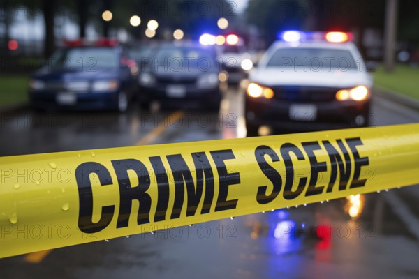 Bright yellow crime scene tape with water droplets stretches across a rainy street with police car in blurry background. Generative ai, AI generated