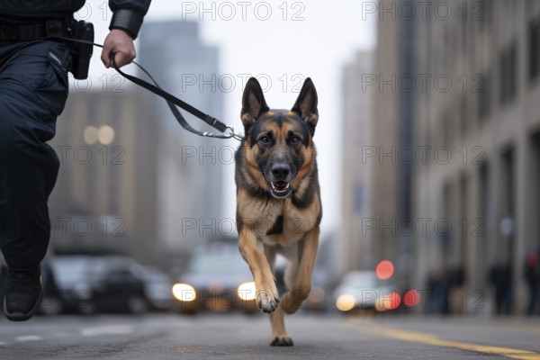 German Shepherd police dog on leash in sprint. Action-packed side view capturing strength, focus, and urban urgency. Generative ai, AI generated