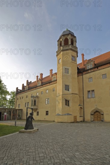 UNESCO Luther House, Martin Luther's home built in 1503, inner courtyard with memorial to Katharina von Bora, woman of Martin Luther, Augusteum, Luther city Wittenberg, Fläming, Saxony-Anhalt, Germany