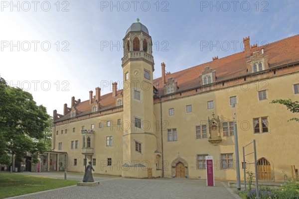 UNESCO Luther House, Martin Luther's home built in 1503, inner courtyard with memorial to Katharina von Bora, woman of Martin Luther, Augusteum, Luther city Wittenberg, Fläming, Saxony-Anhalt, Germany