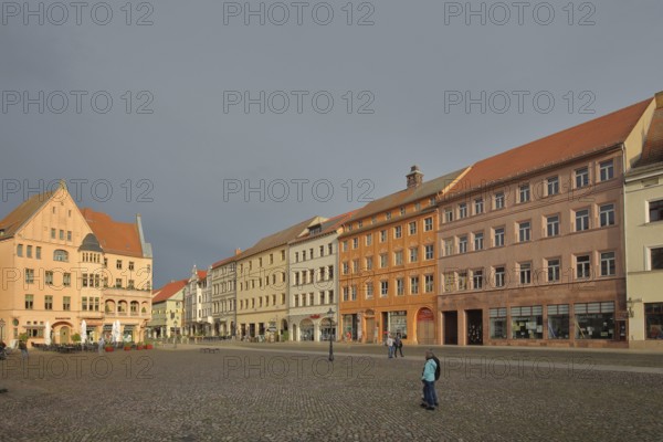 Historic houses on the market square with mood lighting, Cranach-Hof, Cranachhof, Cranach-Höfe, pedestrian, Luther city Wittenberg, Fläming, Saxony-Anhalt, Germany