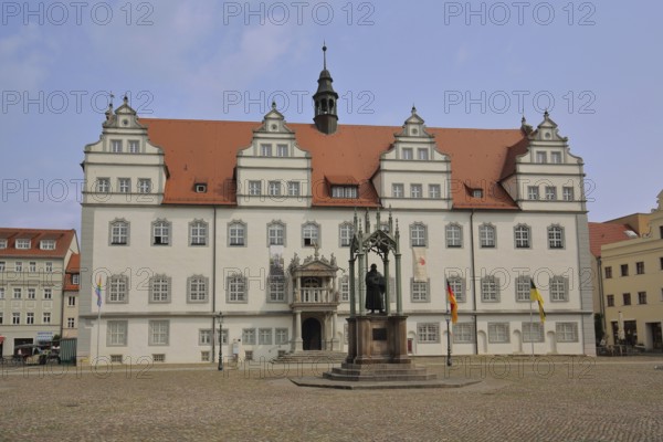 Old Town Hall with Luther Monument, Martin Luther, monument, Renaissance, market square, Luther city Wittenberg, Fläming, Saxony-Anhalt, Germany