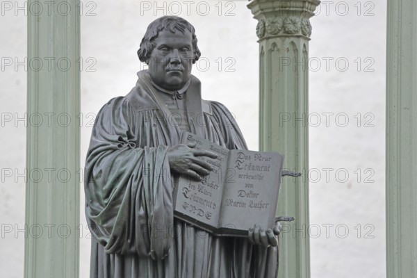 Luther monument with Bible and New Testament, Martin Luther, inscription, hands, carry, open, open, present, market square, Luther city Wittenberg, Fläming, Saxony-Anhalt, Germany