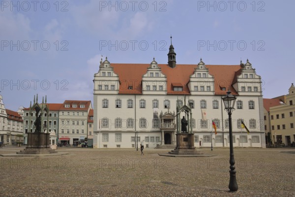 Old Town Hall with Luther Monument and Melanchthon Monument, Martin Luther, Philipp Melanchthon, monument, Renaissance, market square, Luther city Wittenberg, Fläming, Saxony-Anhalt, Germany