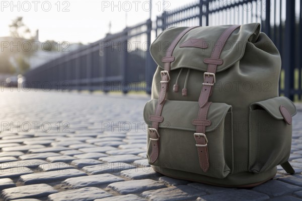Large backpack lying on empty road, symbolizing journey or travel. Generative ai, AI generated