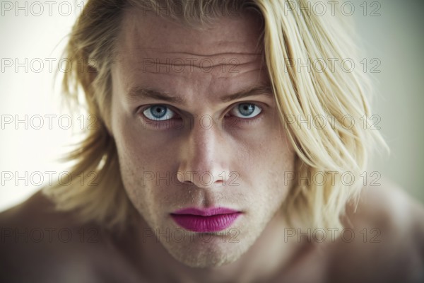 Caucasian blond man with doubtful look wearing pink lipstick. Generative Ai, AI generated